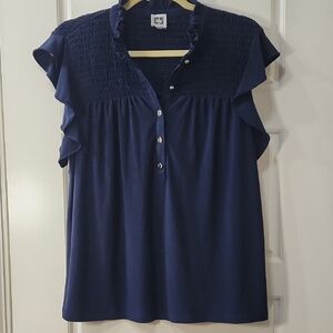 Anne Klein Midnight Blue Popover Blouse With Button Detail And Gathered Shoulder